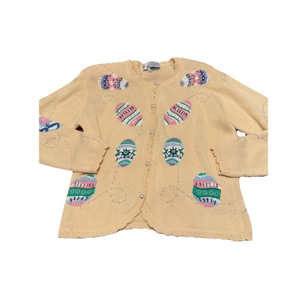 Easter Sweater Cardigan Eggs Embellished Embroidered Vintage Pastel‎ Large FLAW